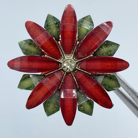 Stunning Acrylic Gold Tone Stretch Poinsettia Flower Boho Ring Statement Cute - Picture 3 of 6